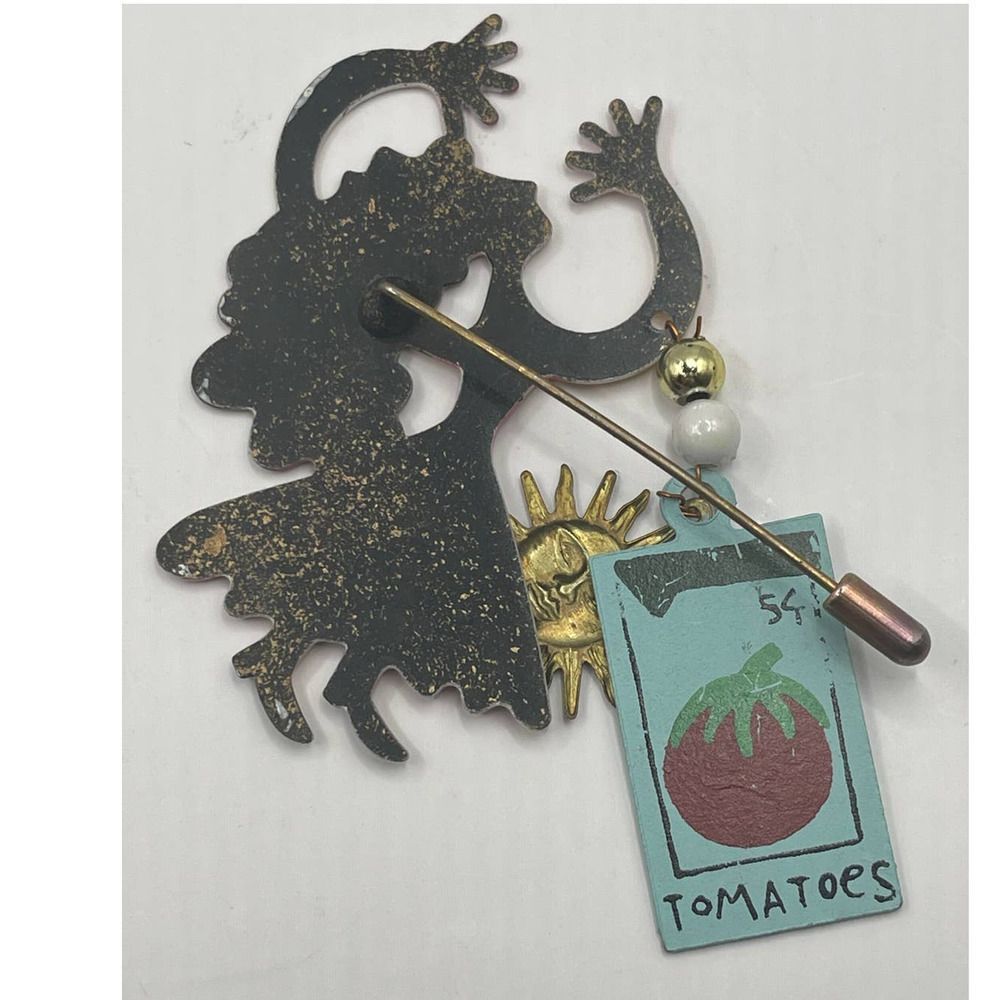 Vintage Rossi Garden Fairy Metal Stick Brooch Pin Tomato And Sun - Picture 2 of 4